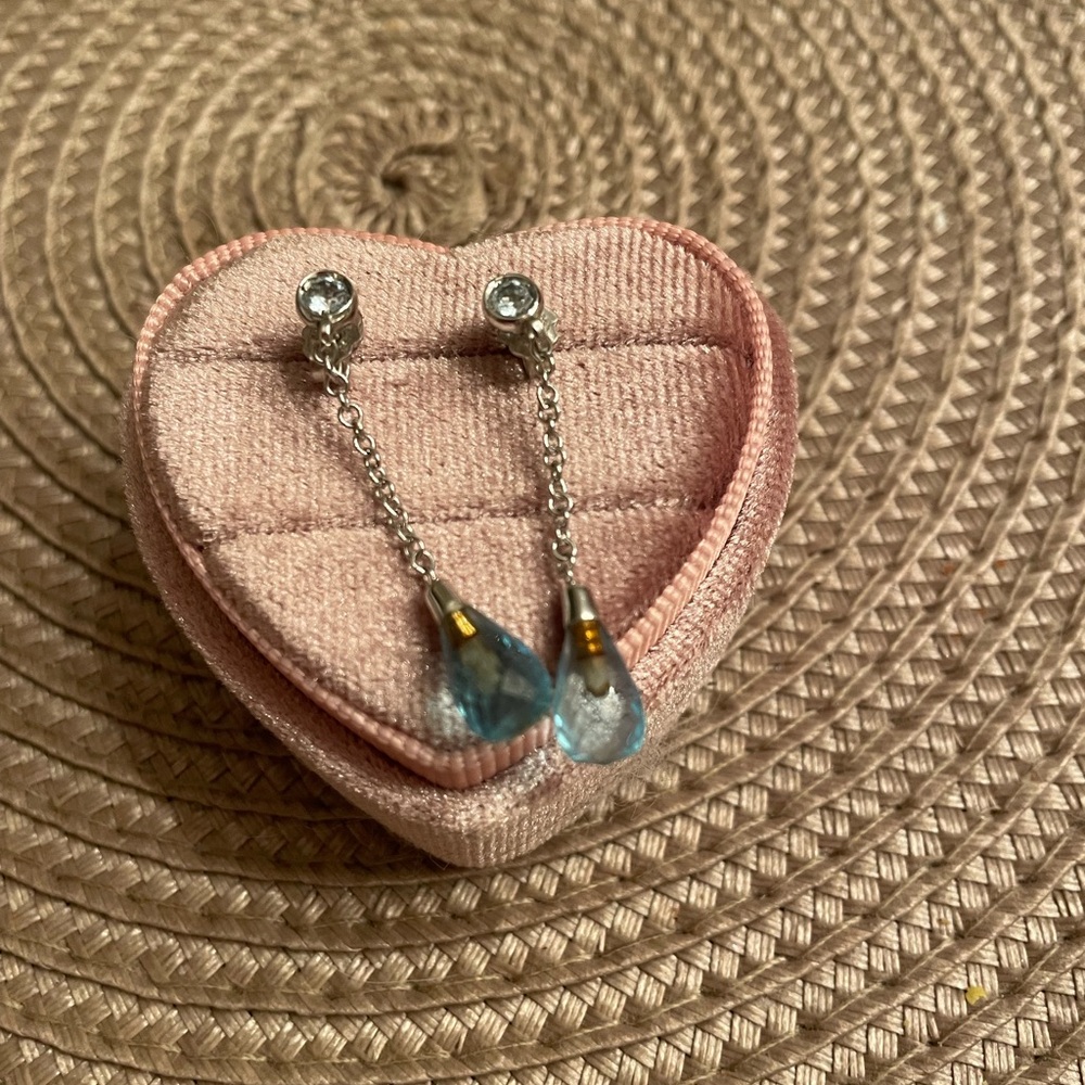 White gold blue topaz drop earrings. - Picture 5 of 5